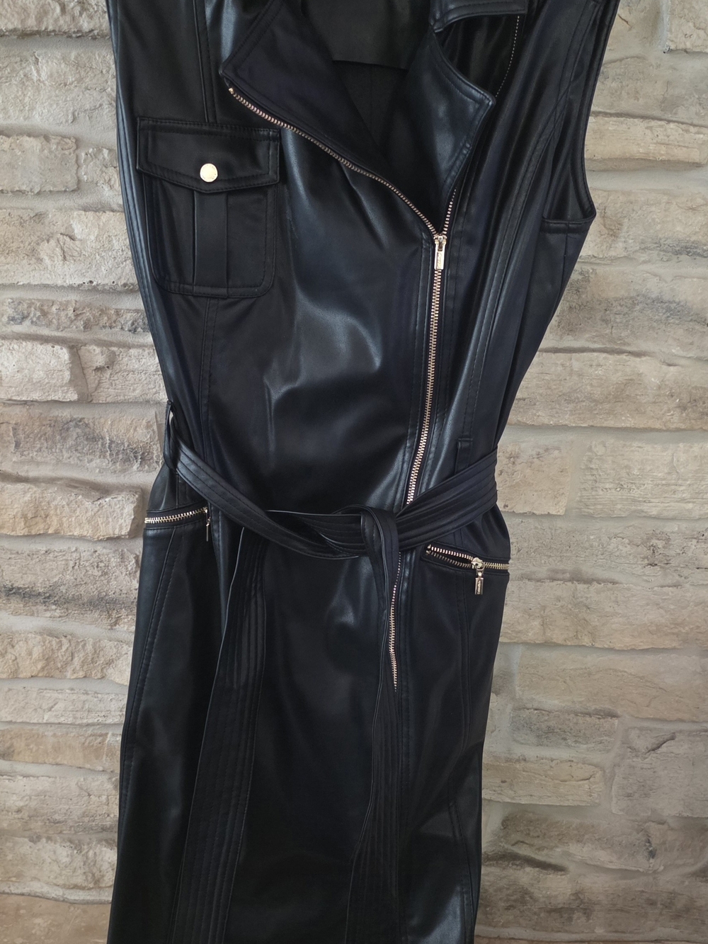 Calvin Klein Black Faux Leather Sleeveless Trench with Belted Waist
